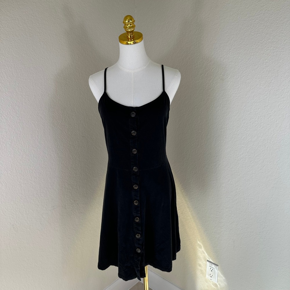 Kira Button Front Mini Dress Women Large Black Spaghetti Strap 90s Grunge Skater